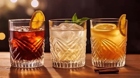 Three Different Alcoholic Cocktails With Old Fashioned Glasses