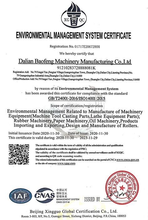 Dalian Baofeng Machine Manufacturing Co Ltd Qualification Certification