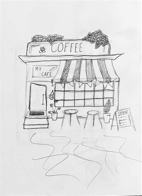 A Drawing Of A Coffee Shop On The Street