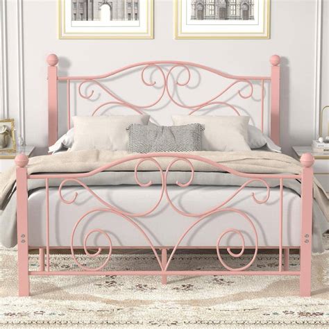 VECELO Bed Frame Pink Metal Frame Full Size Platform Bed Mattress ...