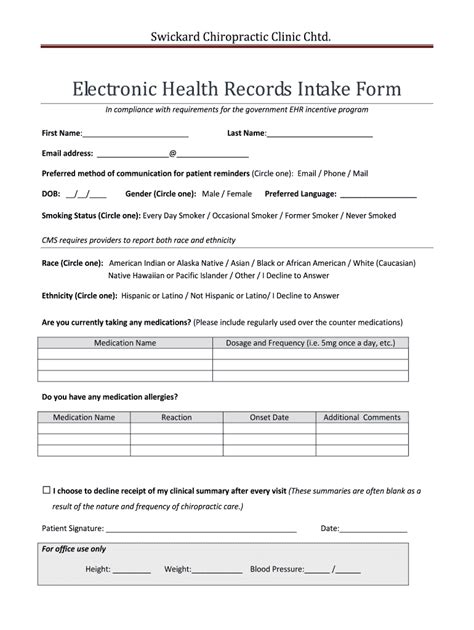 Fillable Online Electronic Health Records Intake Form Vortala Fax