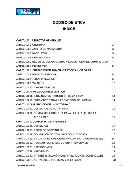 PDF CODIGO DE ETICA INDICE Misicuni Gob Bo DE TICA MISICUNI Pdf