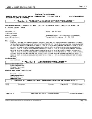 Fillable Online Msds For Crayola Wash Wc Material Safety Data