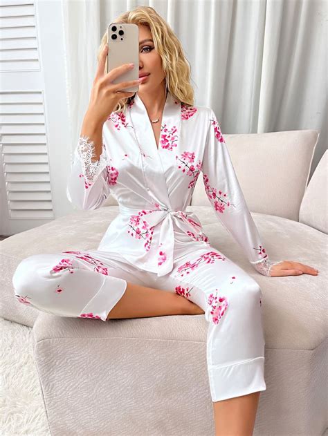 Nina Bonheur Floral Print Contrast Lace Belted PJ Set Camisola