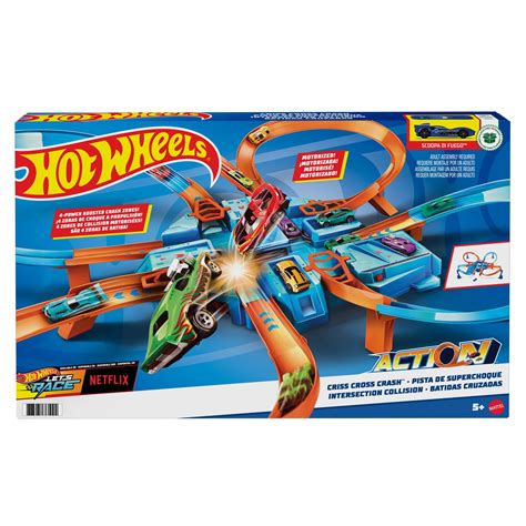 Hot Wheels Curve Race Track Set Scale Toy Car Criss Cross Crash With Motorized Booster