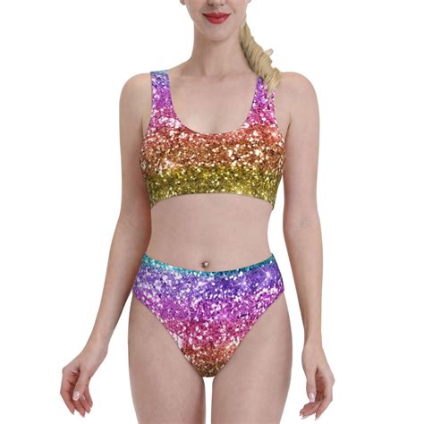 Haiem Glitter Rainbow Women S High Waisted Bikini Set Two Piece Bathing