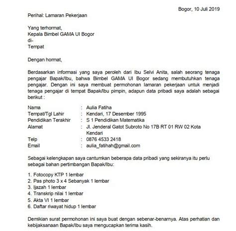 Contoh Surat Lamaran Kerja Sebagai Tutor