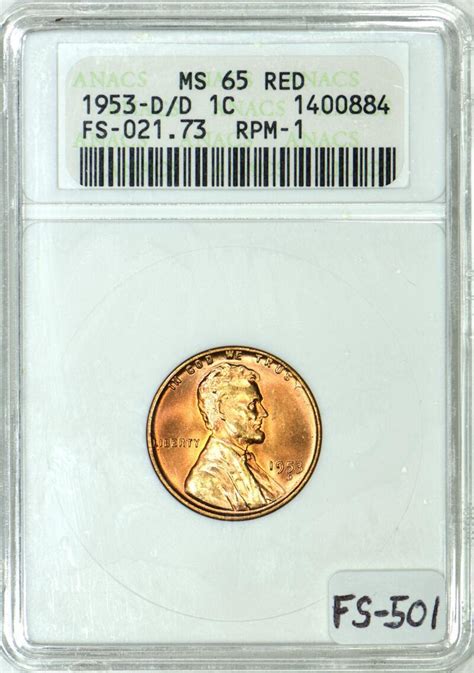 USA 1953 D D Lincoln Wheat Cent ANACS MS 65 Red FS 501 Very Popular