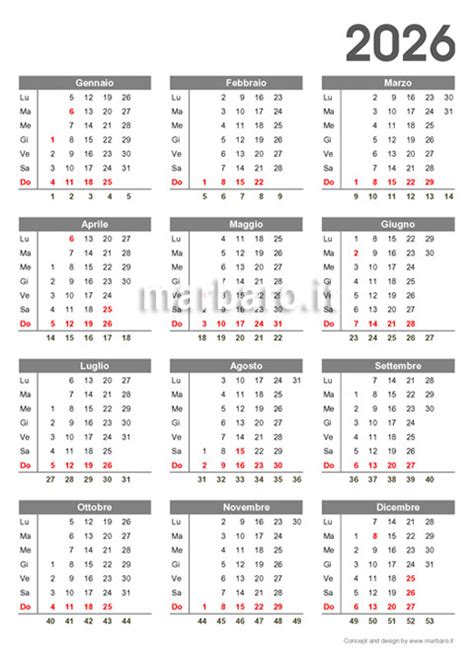 Calendario 2026 con il numero delle settimane e dei giorni