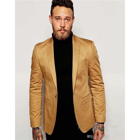 Gold Blazer Slim Fit Tuxedo Suits For Groom Groomsmen Peaked Lapel