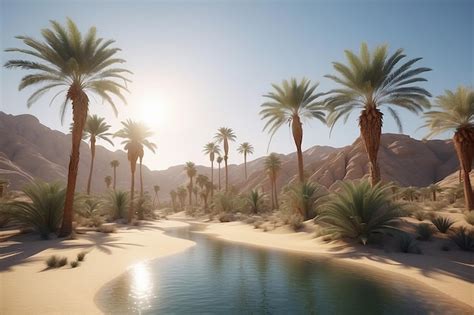 Premium Photo A Mystical Desert Oasis With Palm Trees And Shimmering