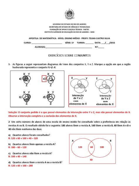 Gabarito Dos Exercícios Sobre Conjuntos Conjunto Matemática Equações