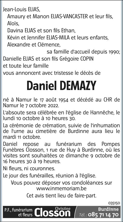 Daniel DEMAZY 07 10 2022 Avis nécrologique lavenir net