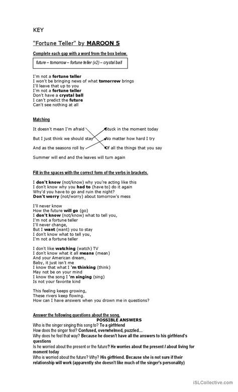 Fortune Teller Song By Maroon 5 Wa English ESL Worksheets Pdf Doc