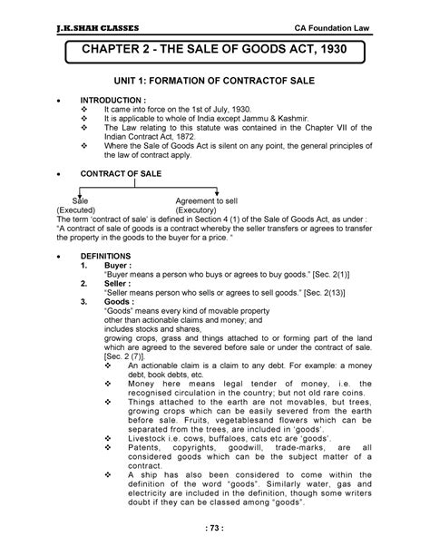 Sale Of Goods Act Notes CHAPTER 2 THE SALE OF GOODS ACT 1930 UNIT