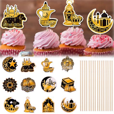 12pcs Set 2024 Golden Eid Mubarak Cake Toppers Ramadan Decoration EID