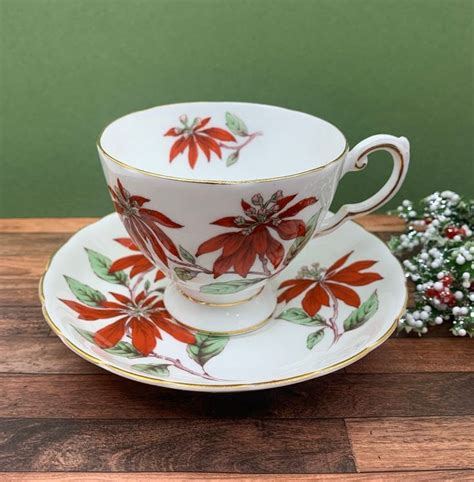 Tuscan Poinsettia Tea Cup And Saucer Red And Green Tea Cup Etsy Tea