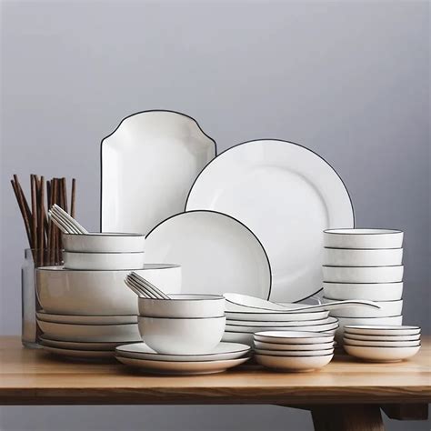 Simple Chinese Ceramic Tableware Set Plate Dish 10 People Tableware