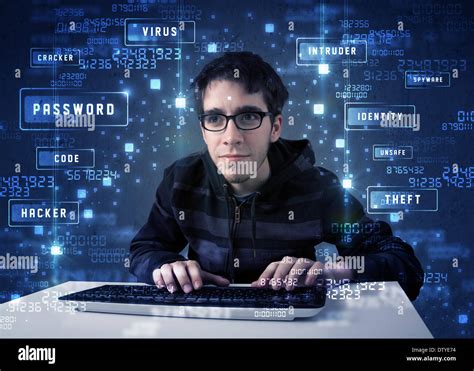 Hacker Programing In Technology Enviroment With Cyber Icons Stock Photo