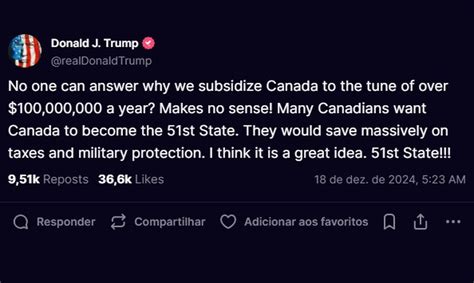 Trump Diz Que Anexar Canadá Ao Território Americano é ‘excelente