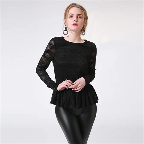 Women Sexy Black Lace Shirt Blouse Autumn Winter Long Sleeve O Neck