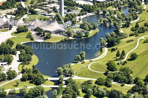 Luftaufnahme M Nchen Parkanlage Des Olympiapark Mit Den H Geln Des