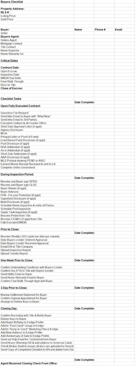 Home Buyers Checklist Excel Template Template Sample