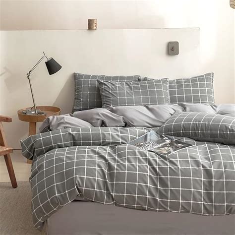 Amazon.com: NSNLGSGC Queen Gray Duvet Cover Set Grid - Washed ...