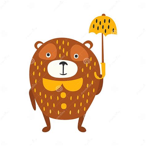 Cute Cartoon Brown Teddy Bear Standing With Yellow Umbrella Funny