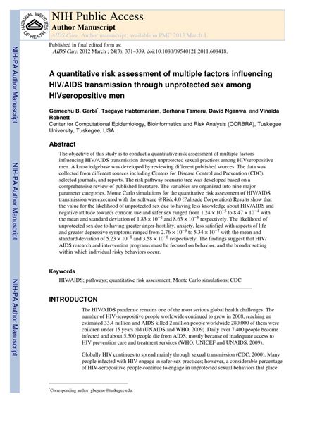 Pdf A Quantitative Risk Assessment Of Multiple Factors Influencing Hiv Aids Transmission