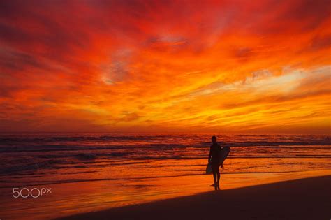 Fiery Sunset And Surfer In Newport Beach Null Sunset Beautiful