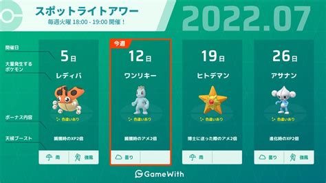 ポケモンgo攻略＠gamewith On Twitter 【本日はスポットライトアワー開催日】 開催時間：18時~19時 出現ポケモン