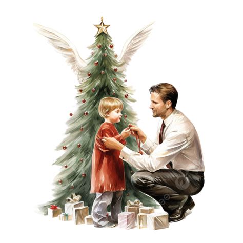 Happy Father Helping His Son To Put An Angel On The Christmas Tree