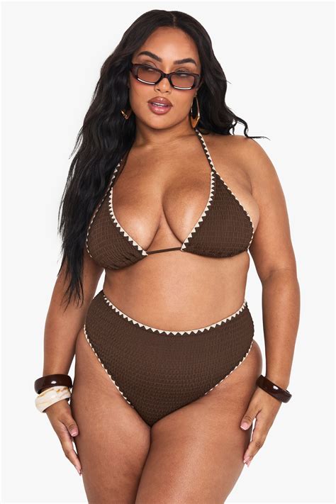 Swimwear Plus Contrast Stitch Triangle Bikini Set Boohoo