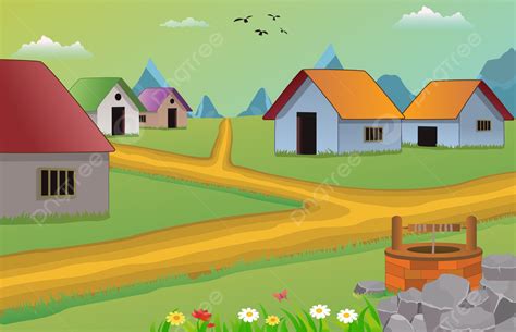 Cartoon Background Village Scene Vector Illustration With Old Houses ...