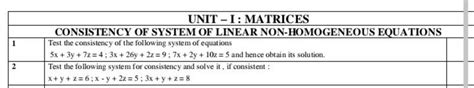 UNIT I MATRICES CONSISTENCY OF SYSTEM OF LINEAR NON HOMOGENEOUS EQUAT