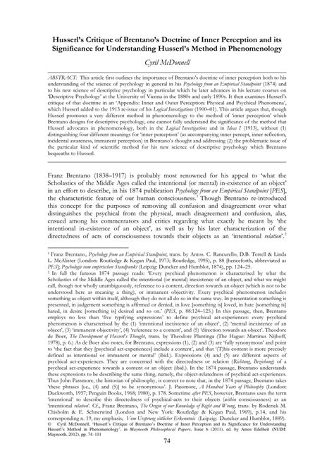 (PDF) Husserl's Critique of Brentano's Doctrine of Inner Perception and its Significance for ...