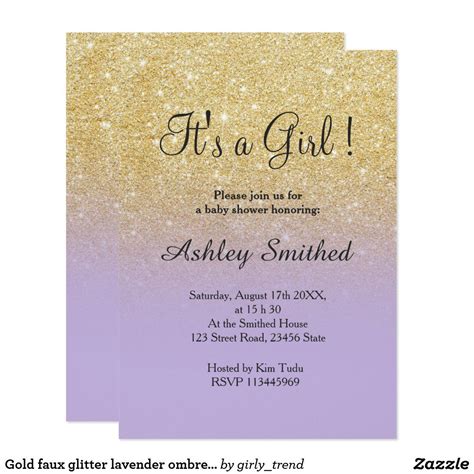 Gold Faux Glitter Lavender Ombre Girl Baby Shower Invitation Zazzle