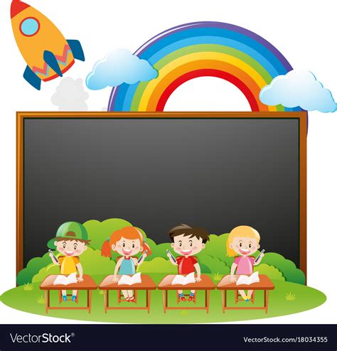 Board template with kids in classroom Royalty Free Vector