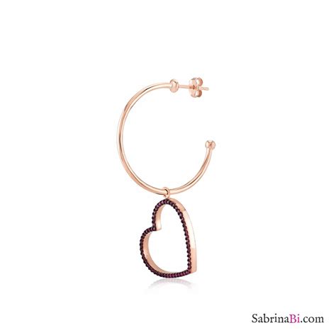 Mono Orecchino Pendente A Cerchio Argento 925 Oro Rosa Cuore Brillanti