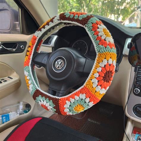 Handmade Crochet Steering Wheel Cover Rainbow Sunflower Granny Etsy