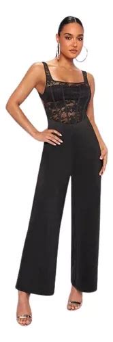 Entero Jumpsuit Mono Negro Fiesta Transparencia El Cuotas Sin Inter S