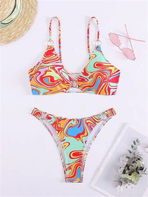 Conjunto de bikini sexi para mujer con estampado de mármol y enlace