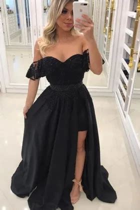 Black Lace Nude Mesh Off The Shoulder Elegant Prom Dress Promfy