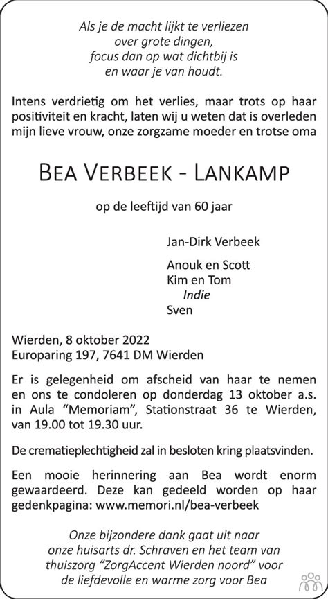 Bea Verbeek Lankamp Overlijdensbericht En Condoleances