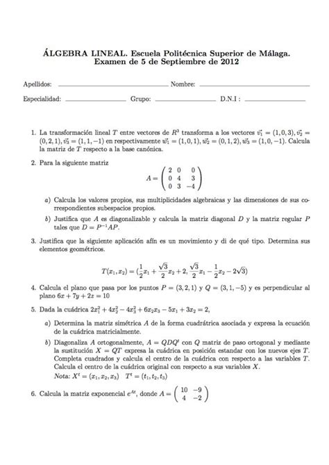 Examen Septiembre 2012 Preguntas Y Respuestas Álgebra Lineal Studocu