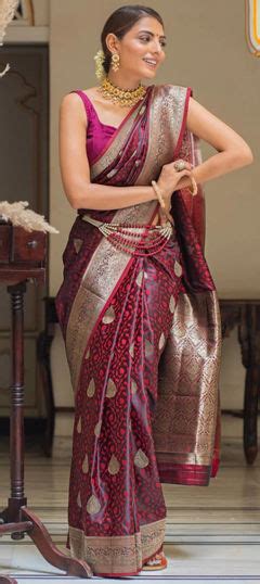 Festive Traditional Red And Maroon Color Art Silk Fabric Saree