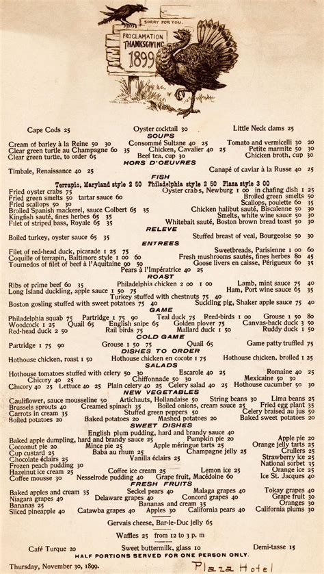 Thanksgiving Menu At Plaza Hotel Nyc 1899 Oldschoolcool