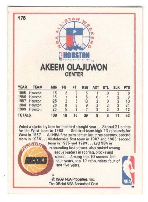 Hakeem Olajuwon 1989 90 Hoops All Star 178 Basketball Card EBay