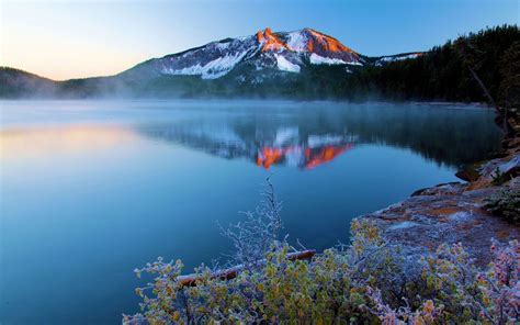 Nature Landscape Lake Sunset Mountain Mist Frost Snowy Peak Oregon